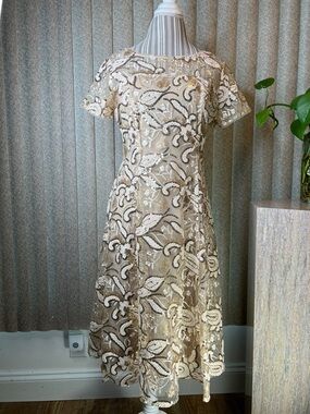 SLNY Champagne Lace Midi Dress with Sequined Floral Overlay S-10P